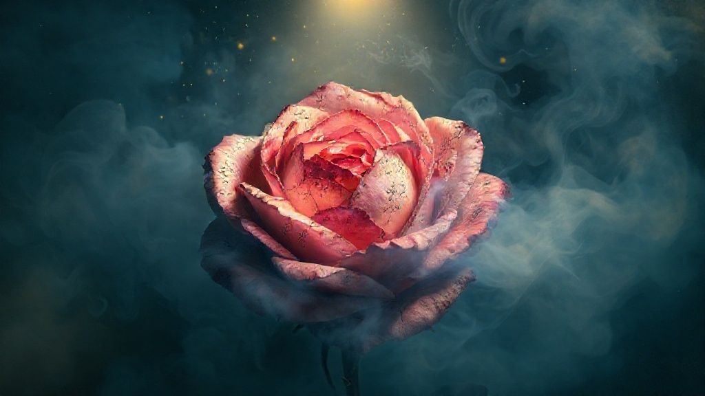 A celestial map overlaying a wilted rose, illuminated by a single spotlight. Smoke-like shadows swirl, hinting at struggle and release. Soft blues and golds dominate.