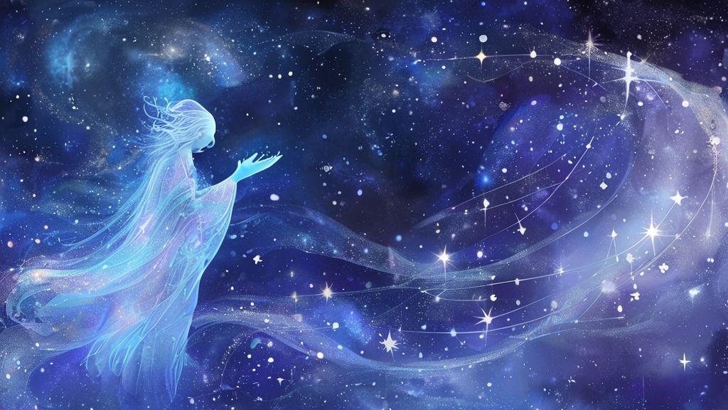 A celestial map shimmering with constellations, bathed in moonlight. A flowing, translucent figure of light observes, hands gently outstretched, embracing the cosmic whispers. Soft blues and purples.