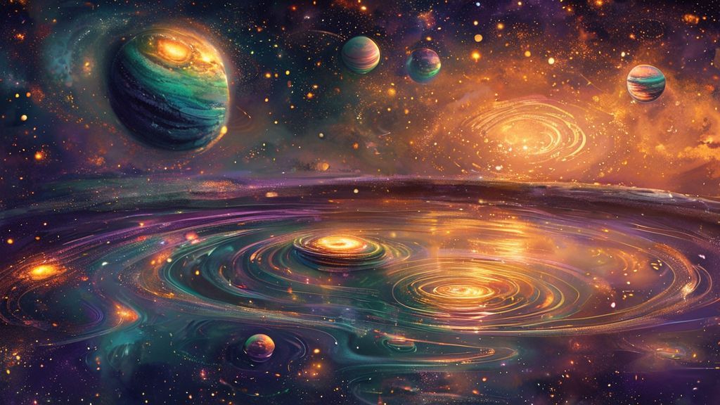 A celestial map, glowing with soft, amber light. Planets swirl, reflecting in a still pool. Whispers of violet and emerald, a path leading to inner peace.