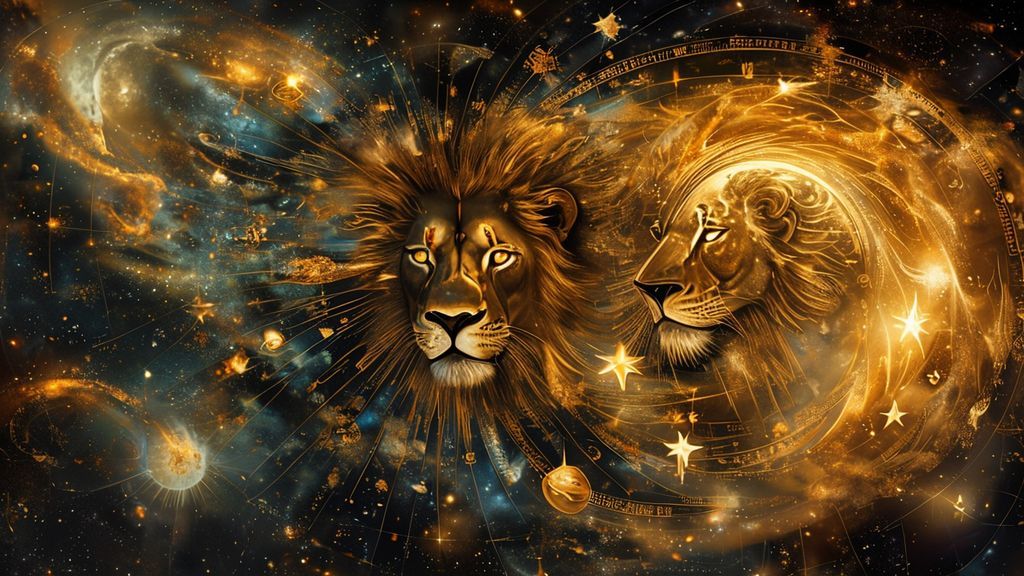 A celestial map, swirling nebulae revealing planetary placements. Light illuminates a lion's head, emanating golden rays, intertwined with a flowing moon and stars, reflecting inner selves.