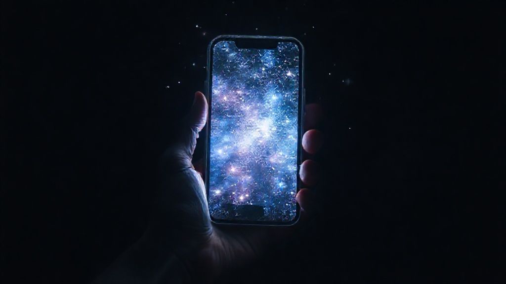 A celestial mobile phone glowing with cosmic light, held by a shadowy hand. Ethereal stars swirl around, reflecting in its screen, against a dark, moody background.