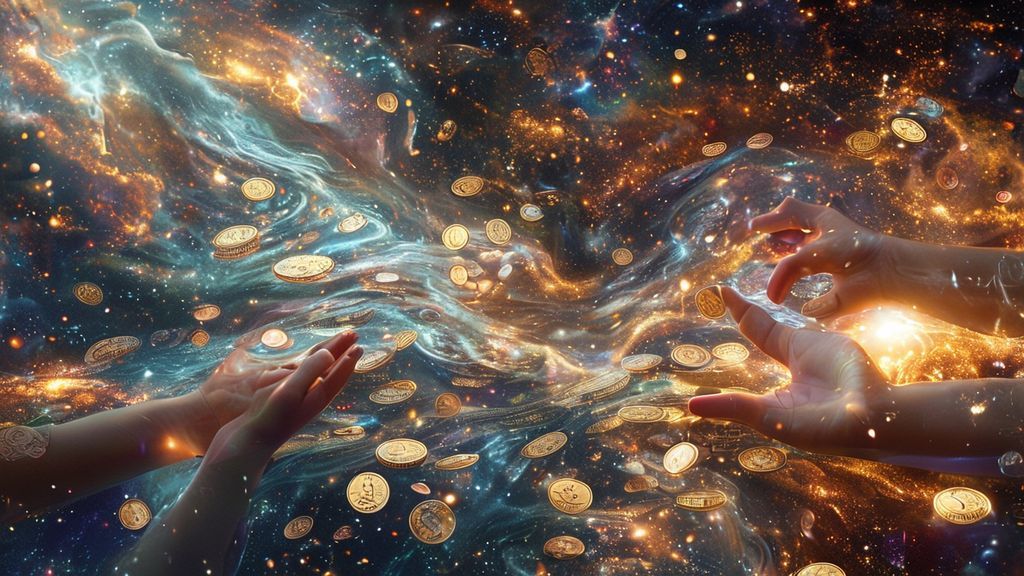 A celestial river of shimmering light flows, merging with cosmic currents. Ethereal hands gently guide glittering, fragmented coins and flowing script amidst swirling nebulas, reflecting introspection and financial planning.