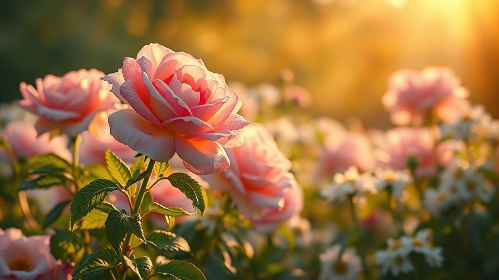 A celestial rose garden bathed in golden light. Floating mint leaves swirl, and chamomile flowers glow softly. Ethereal, mystic, 4k, cinematic.