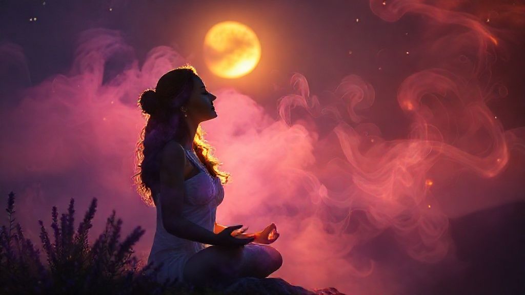 A celestial scene: a woman meditating bathed in soft moonlight. Lavender, rosemary, and frankincense smoke curl, glowing. Ethereal light dances, colors of deep purple and gold swirl, creating a mystical atmosphere.
