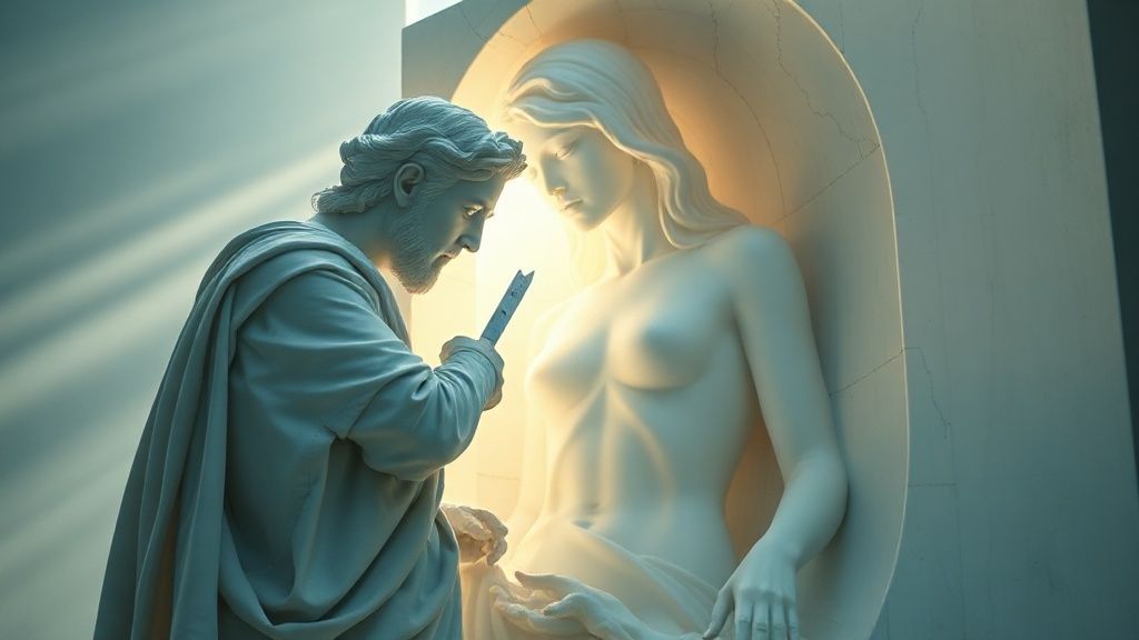 A celestial sculptor chisels a marble figure bathed in ethereal light. The sculpture reveals a veiled, evolving form. Soft blues, golds, and whites create a mystic, 4k cinematic scene.
