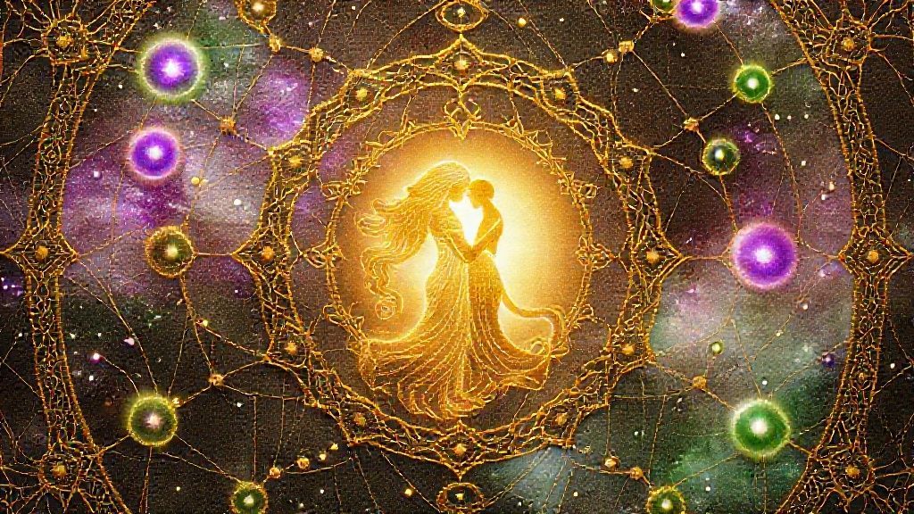 A celestial tapestry of interwoven gold threads, depicting a Virgo symbol intertwined with two figures embracing in soft, glowing light, surrounded by floating orbs of vibrant purples and greens.