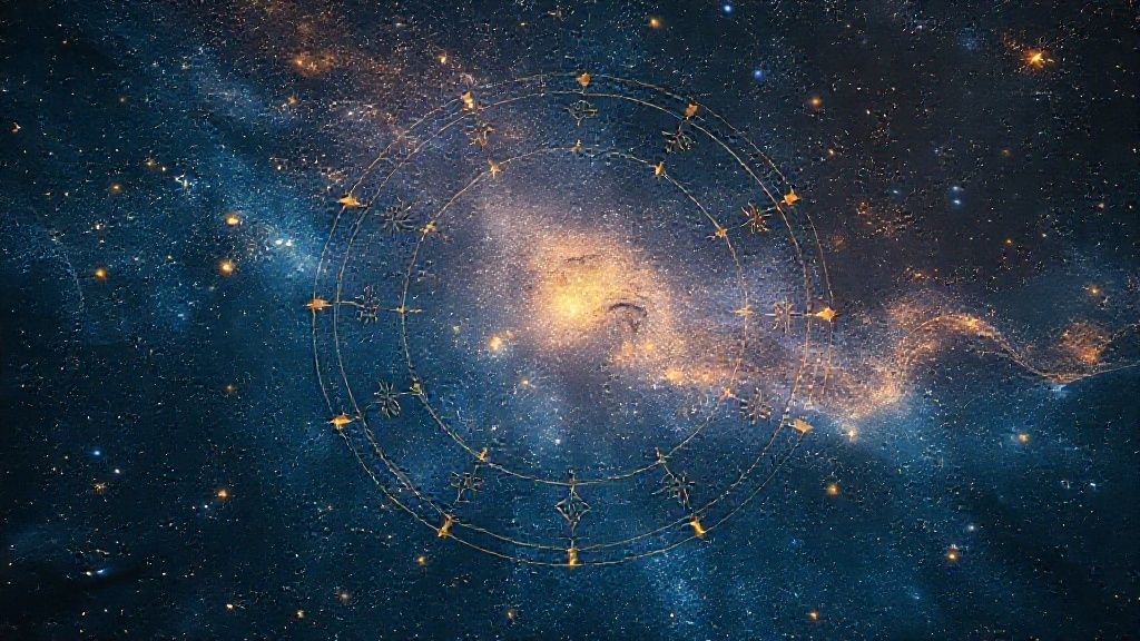 A celestial tapestry woven with starlight, reflecting a birth chart. Ethereal glow bathes the scene in indigo and gold, hinting at hidden patterns and self-discovery.