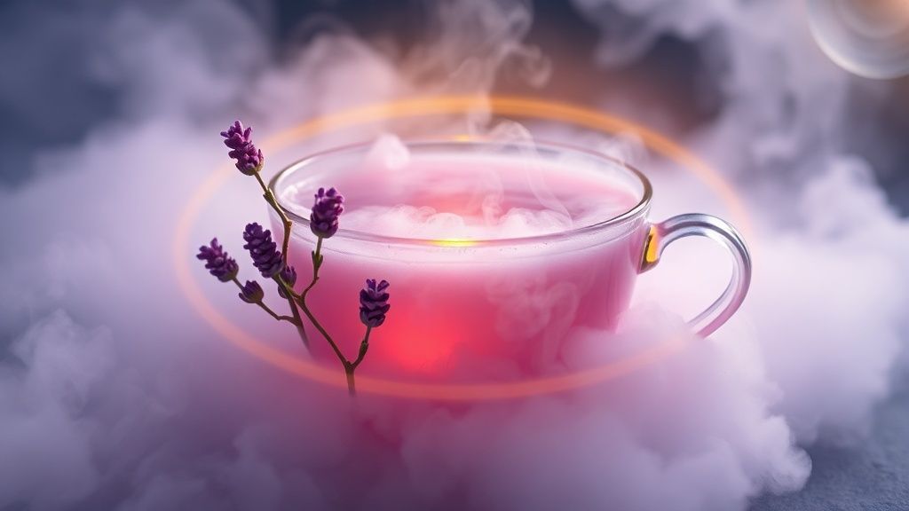 A celestial tea cup overflowing with lavender mist, glowing faintly. Ashwagandha roots intertwined, forming a protective, golden aura around it. Saturn's rings, subtly visible, weaving through the vapor.