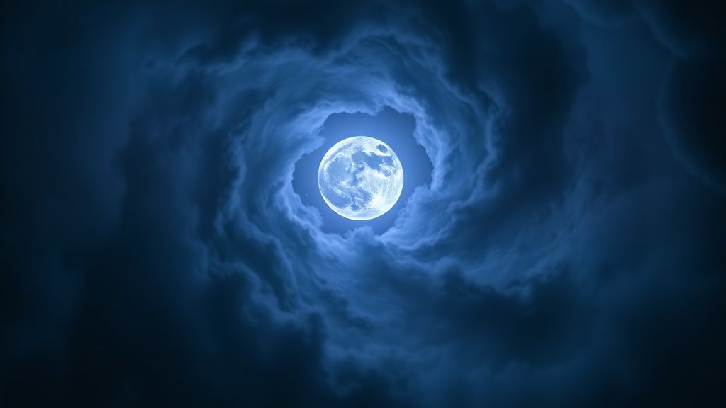 A celestial void. A hidden moon's subtle glow. Deep blues & purples swirl, embracing a luminous seed of intention. Mystic and ethereal, in cinematic 4k.