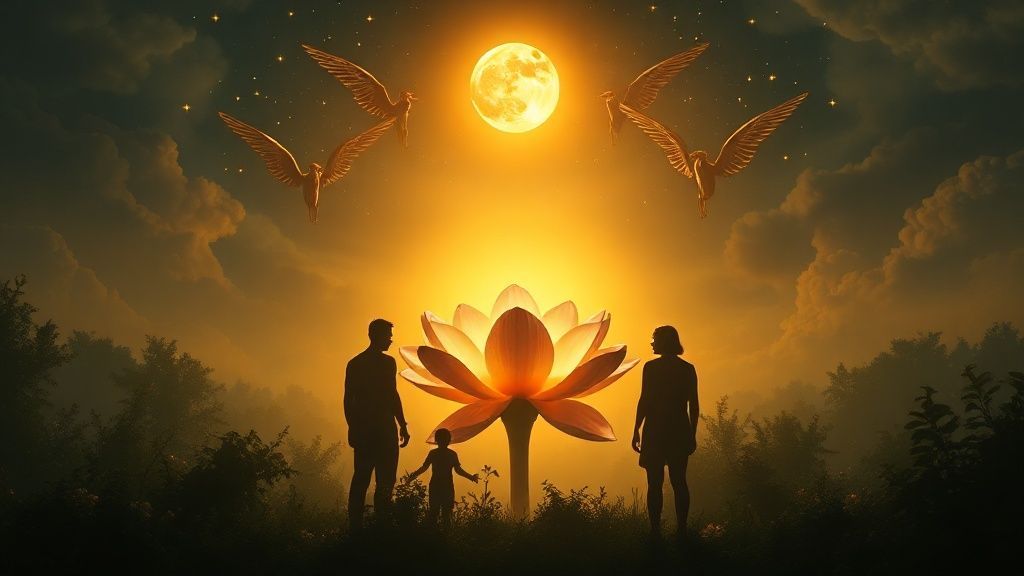 A celestial, moonlit garden. Silhouetted figures stand before a blooming Taurus-themed flower, radiating golden light. Whispers of ethereal, Gemini-winged spirits dance above, illuminated by cinematic lighting.