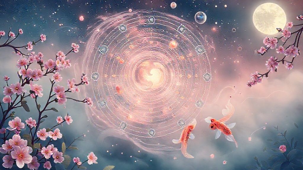 A celestial, swirling birth chart rendered in soft pastels, interwoven with cherry blossoms, glowing planets, and translucent koi fish, floating in a moonlit, misty Japanese garden.