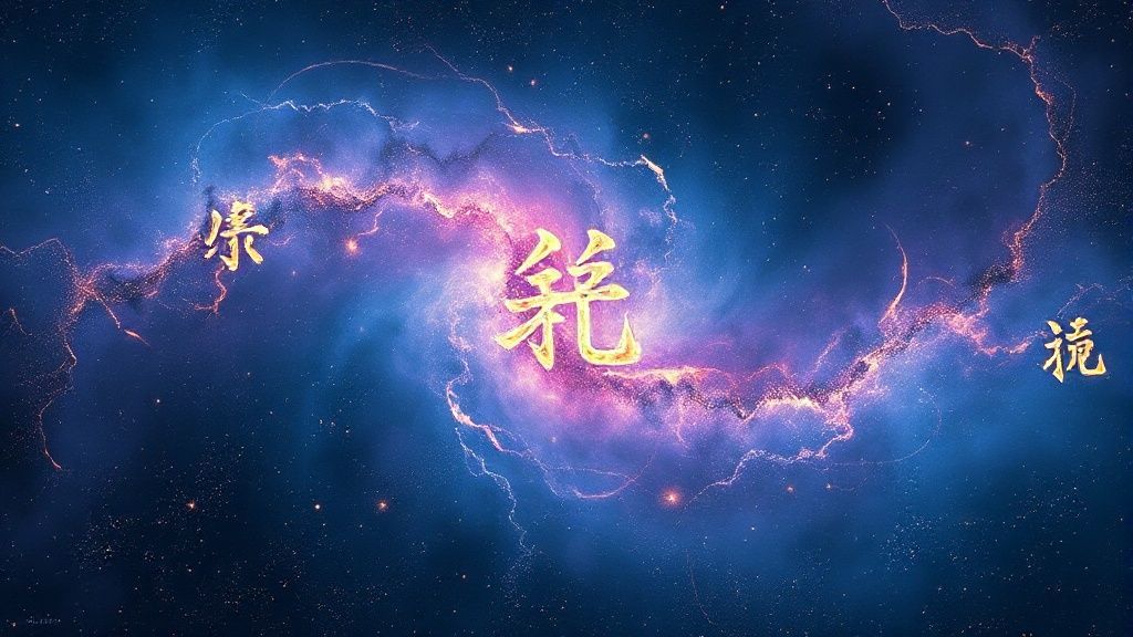 A celestial, swirling nebula in deep blues and purples, interwoven with shimmering gold lines. Faint, glowing Kanji characters float within the cosmic expanse.
