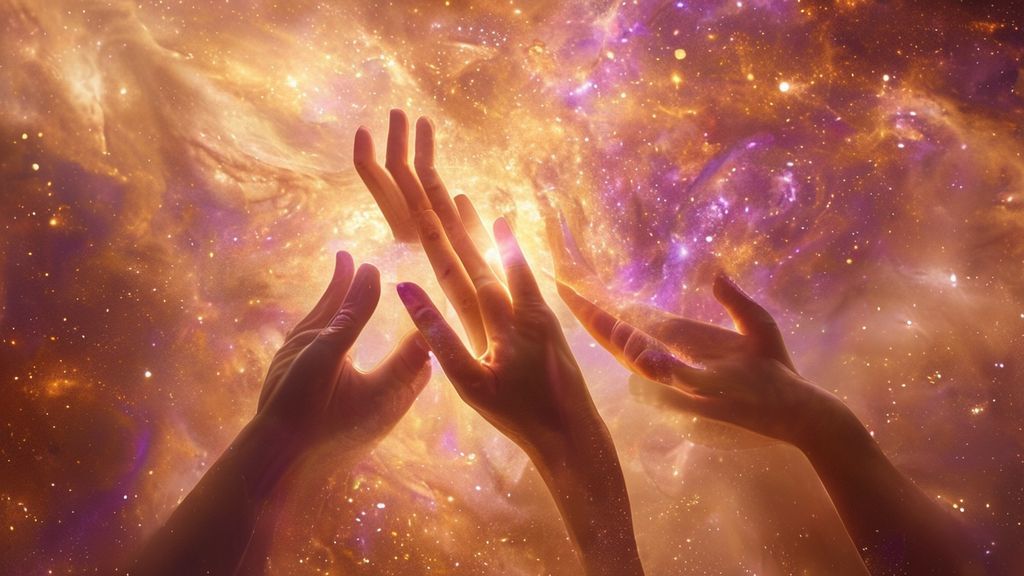 A celestial, swirling nebula of gold and amethyst. Soft, diffused light radiates outwards. Hands, illuminated, reach upwards, palms open, embracing the cosmic glow, embodying self-love and intention.