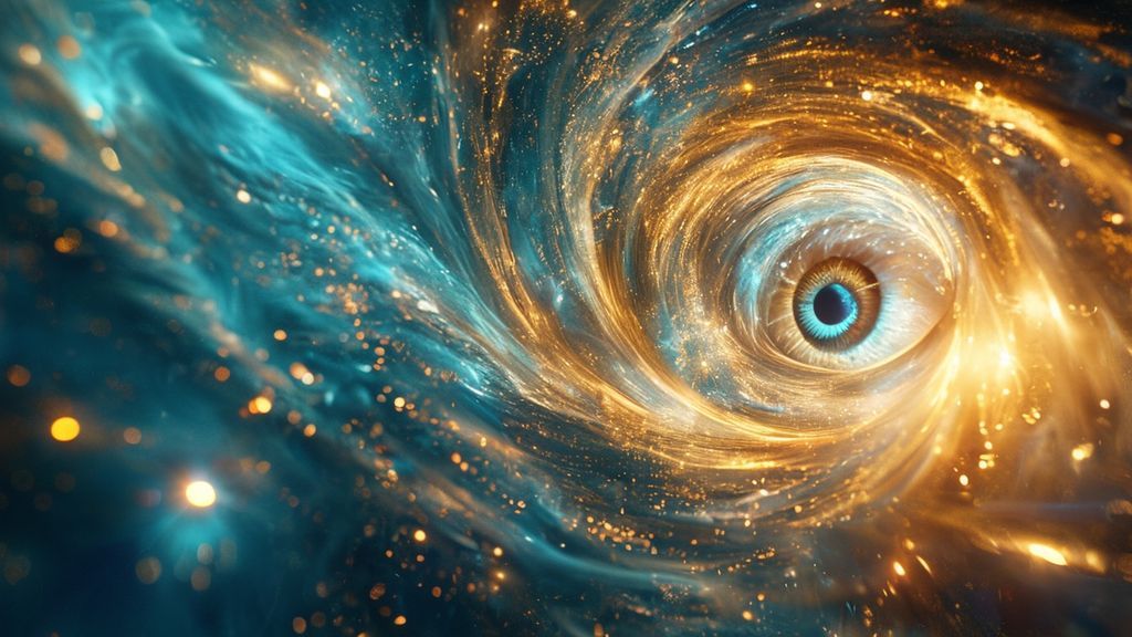 A celestial, swirling vortex of cool blues and shimmering golds. Light radiates from within, illuminating an open eye. Ethereal, dreamy, high-quality, cinematic.