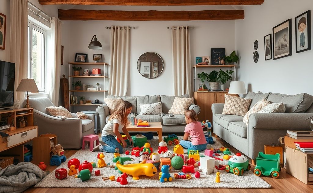 A chaotic living room with kids helping to clean up toys.