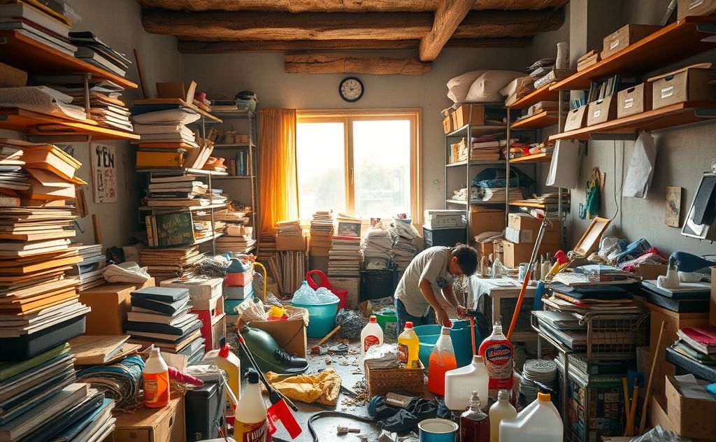 A chaotic room filled with clutter and cleaning supplies in action.