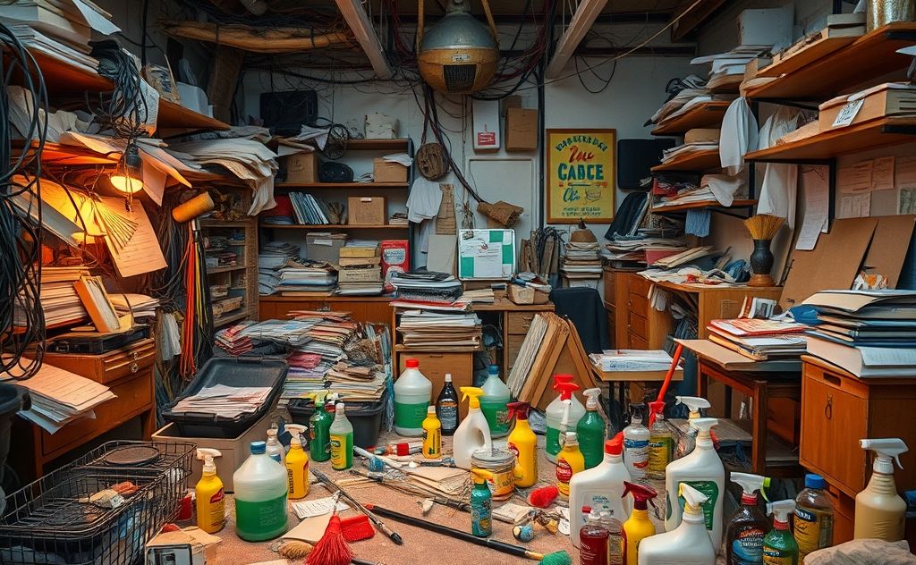 A chaotic room filled with clutter and cleaning supplies scattered around.