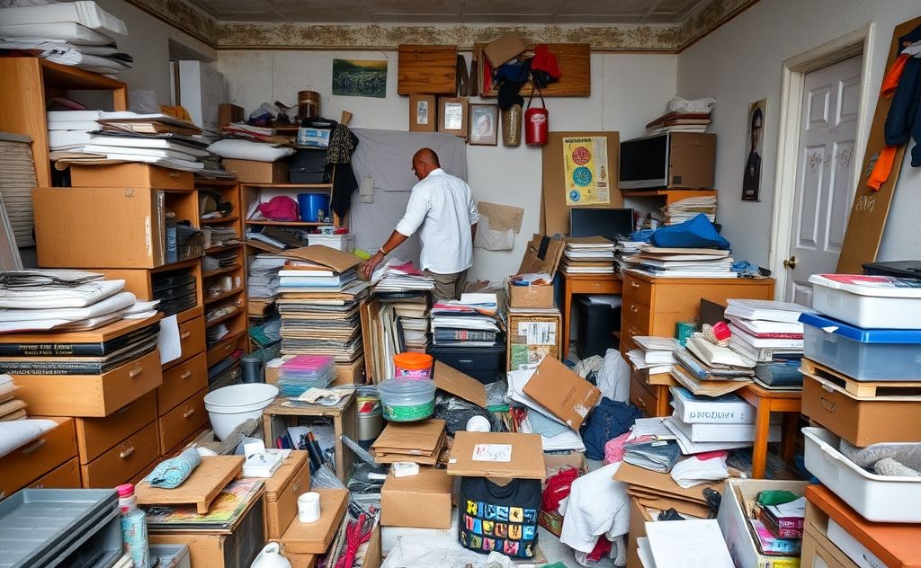 A chaotic room filled with disorganized items and clutter.