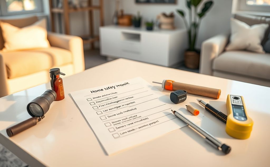 A checklist and tools on a table for a home safety audit.