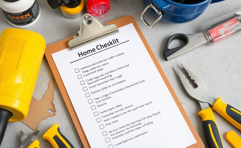 A checklist of home safety tasks on a clipboard with tools nearby.