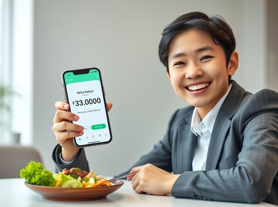 점심을 먹으며 페이백을 확인하고 기뻐하는 직장인