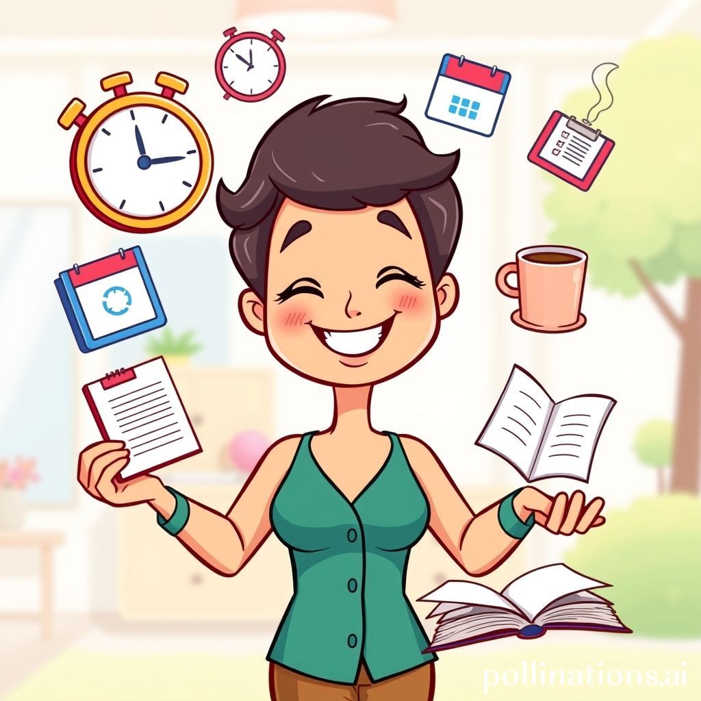 A cheerful and energetic cartoon character, resembling a friendly teacher or mentor, calmly juggling several objects representing tasks and time management tools. These objects include a stylized clock, a neatly organized to-do list, a digital calendar icon, a steaming coffee cup, a laptop, and an open book. The character has a relaxed and confident smile, suggesting ease in handling multiple responsibilities. The background is bright and organized, perhaps with subtle elements of a modern home office or a tidy park setting. The overall mood is positive, empowering, and encourages productivity without stress.
