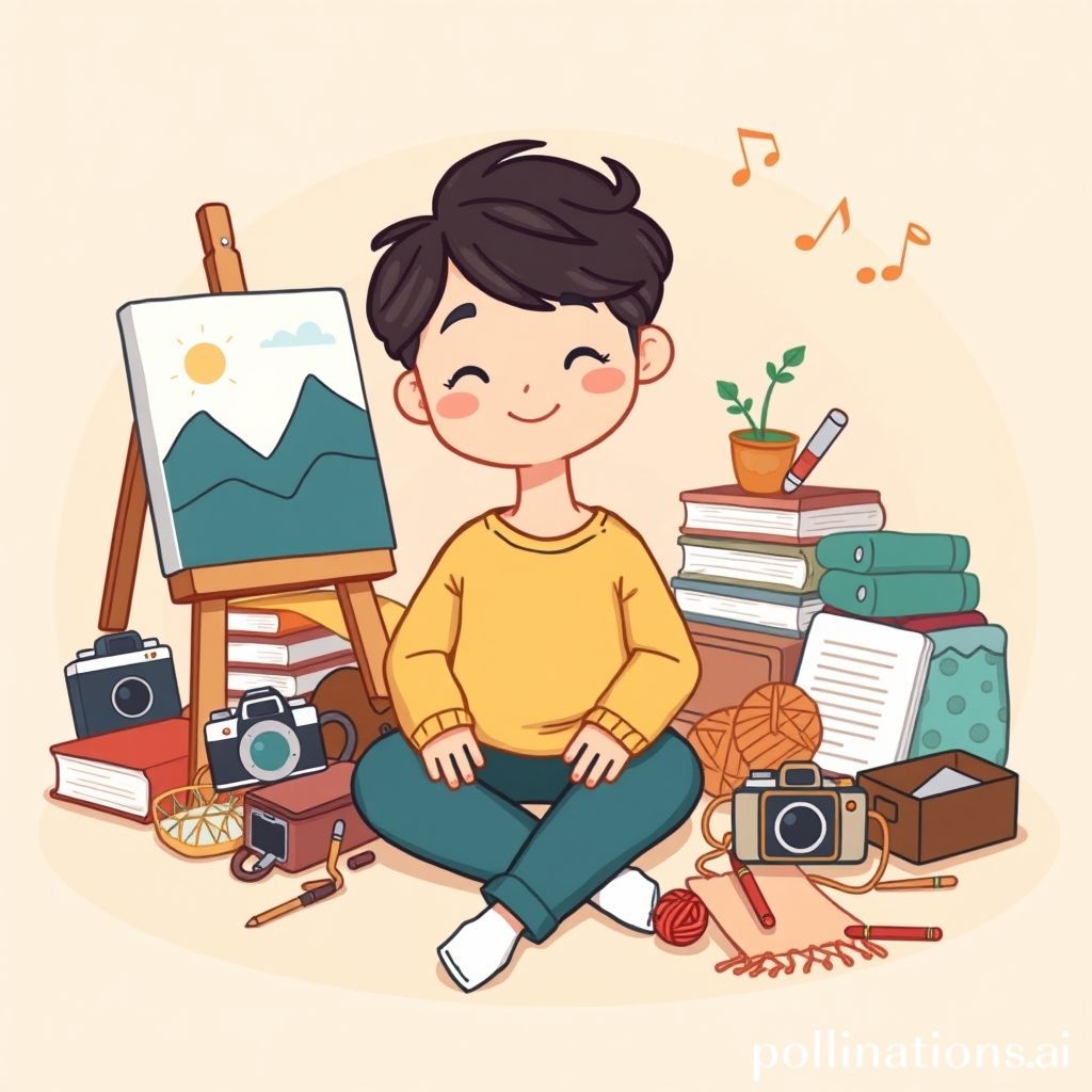 A cheerful and friendly cartoon illustration. A person (gender-neutral, perhaps with a subtle smile) sits comfortably amidst a cluster of diverse hobby items. These items could include a half-finished painting on an easel, a stack of books, a small potted plant, a camera, knitting needles and yarn, and musical notes gently floating around. The person appears relaxed and content, with a serene aura. The background is a soft, warm gradient, subtly suggesting a calm, personal space, contrasting with the implied busyness of the outside world. The overall feeling is one of peace, creativity, and well-being.