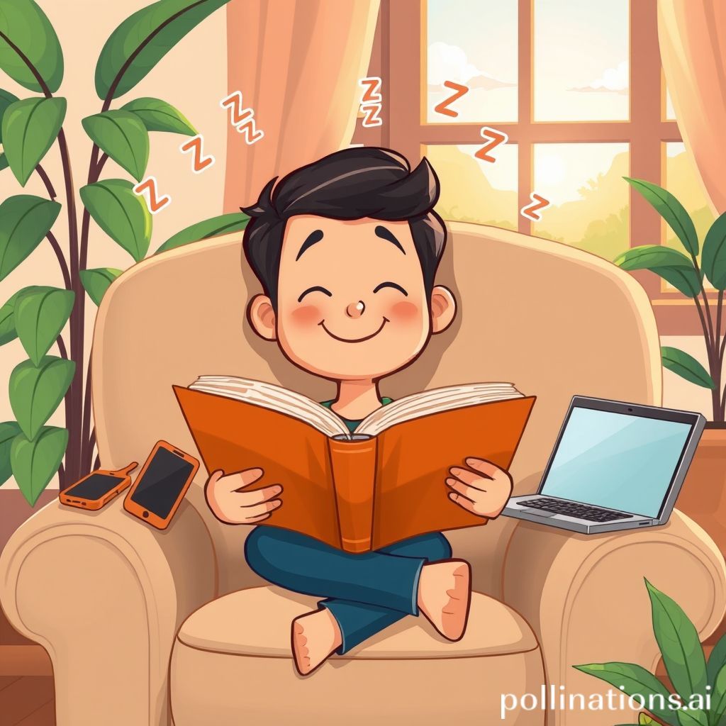 A cheerful cartoon character, a person with a relaxed smile, happily reading a physical book on a cozy armchair. Around them, various disconnected gadgets like a smartphone, a laptop, and a tablet are gently 'napping' with small 'Zzz' bubbles floating above them, suggesting rest and disengagement. The background is warm and inviting, perhaps a plant or a window showing a calm outdoor scene.