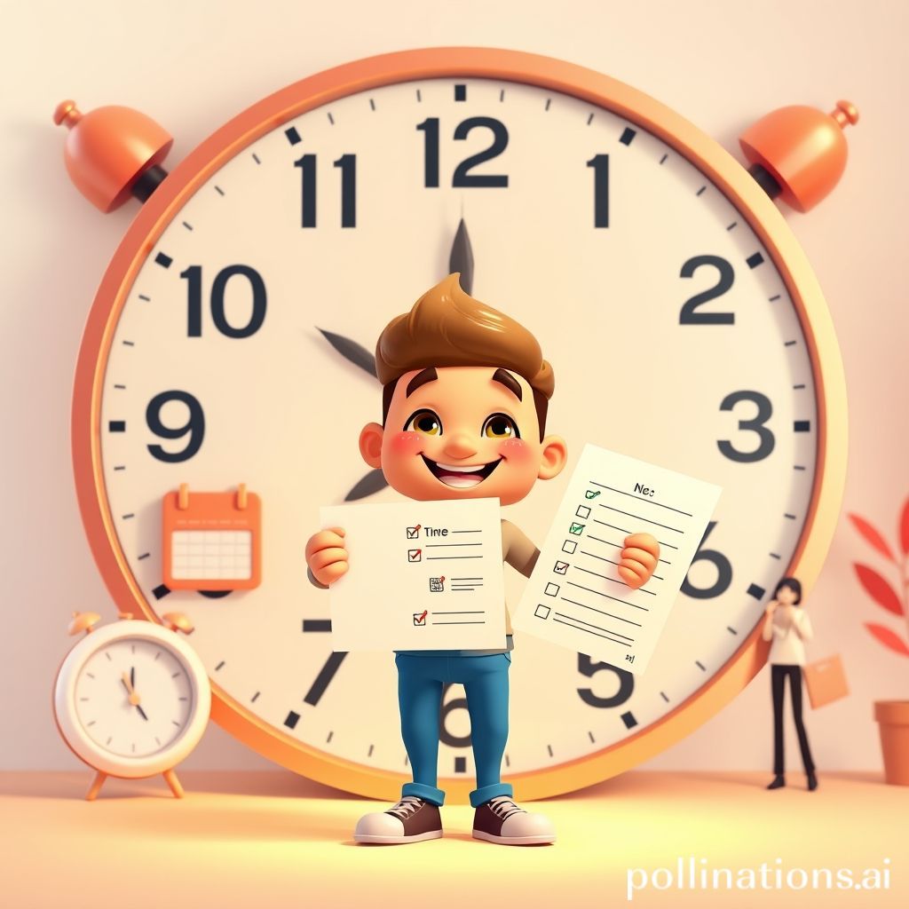 A cheerful cartoon character, looking organized and confident, standing in front of a giant clock. The character is holding a neatly arranged to-do list, with a smiling face. In the background, there are subtle visual cues like a timer, a calendar, and a person saying 