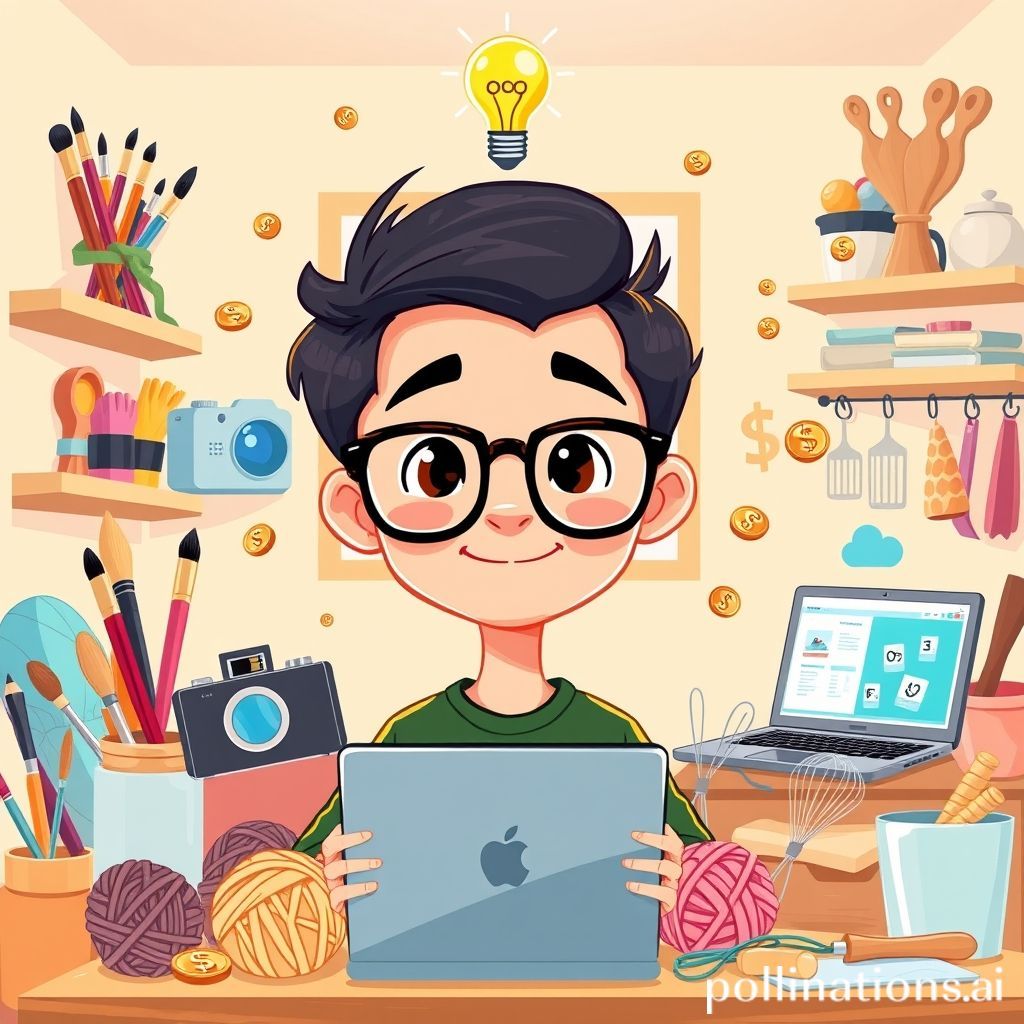 A cheerful cartoon character, perhaps a young adult with glasses, surrounded by various hobby items like paintbrushes, a knitting yarn, a camera, a laptop with design software, and baking tools. There are subtle money signs or coins floating around, symbolizing income. The character has a thought bubble with a lightbulb. The background is bright and inviting, suggesting a cozy home office or creative space.