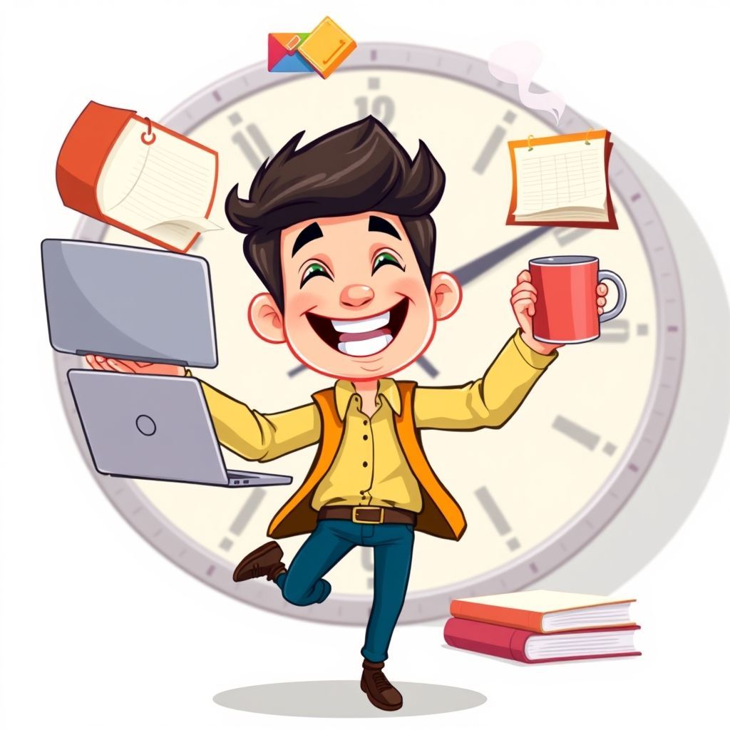 A cheerful cartoon character, possibly a young professional or student, happily juggling various tasks (like a laptop, a book, a calendar, and a coffee cup) with a big, confident smile. Behind them, there's a subtly visible clock with hands pointing to a well-structured, organized schedule or a clean to-do list. The overall mood is positive, energetic, and demonstrates a sense of control and balance over time rather than being overwhelmed.