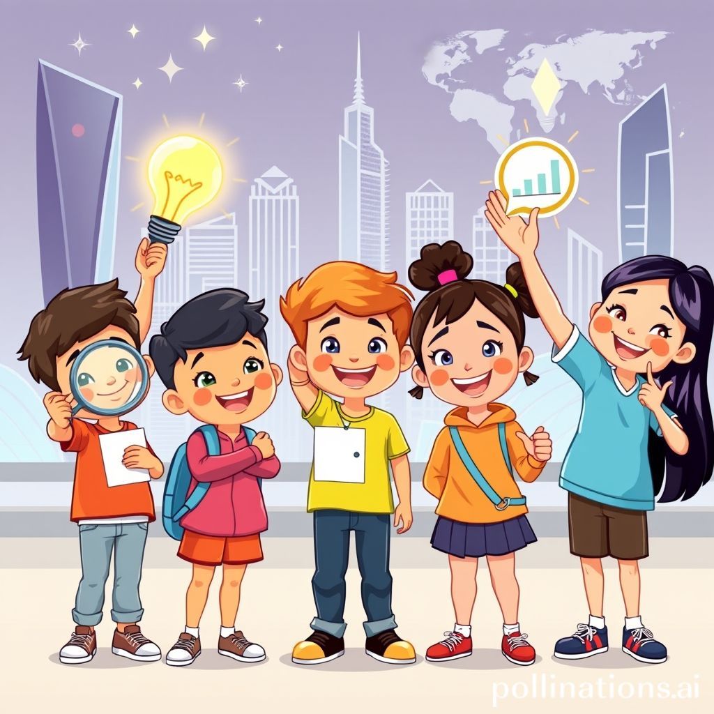 A cheerful cartoon illustration of a diverse group of young students (boys and girls, various ethnicities) smiling brightly. They are holding various objects symbolizing future skills: one holds a lightbulb (creativity), another a magnifying glass over a data graph (critical thinking/data literacy), a third holds a speech bubble icon (communication), and a fourth is high-fiving another student (collaboration/emotional intelligence). In the background, there's a futuristic, stylized city skyline with digital elements and a subtle world map, suggesting global connection. The style is friendly, warm, and inviting, with bright colors.