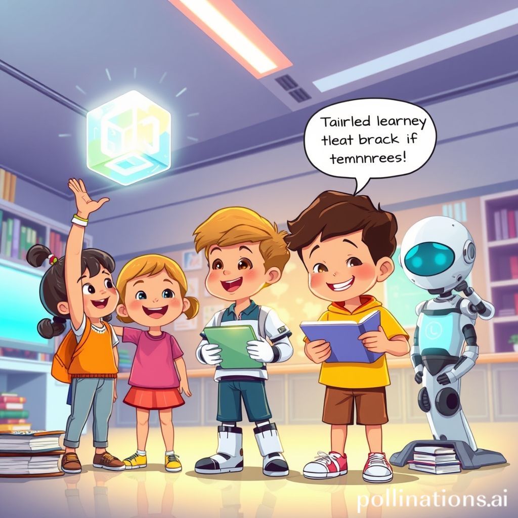A cheerful cartoon image depicting a diverse group of children learning in a modern, flexible environment. One child is interacting with a holographic display, another is collaborating with a robot assistant, and a third is reading from a tablet while a thought bubble shows personalized learning paths. The background shows futuristic elements like floating books and adaptive learning platforms, all in bright, optimistic colors.