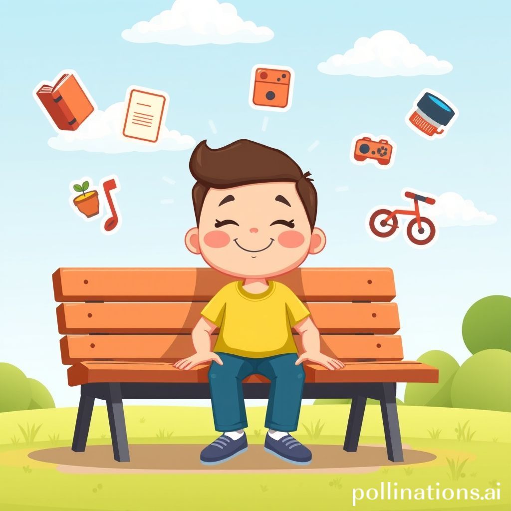 A cheerful cartoon person, looking relaxed and happy, sitting comfortably on a park bench under a bright sky. They are surrounded by various small, floating icons representing different hobbies: a book, a paintbrush, a small potted plant, a musical note, a camera lens, a bicycle, and a small gaming controller. The person has a gentle smile, eyes closed, emanating a sense of peace and well-being, with a subtle glow around them. The art style is friendly and inviting.