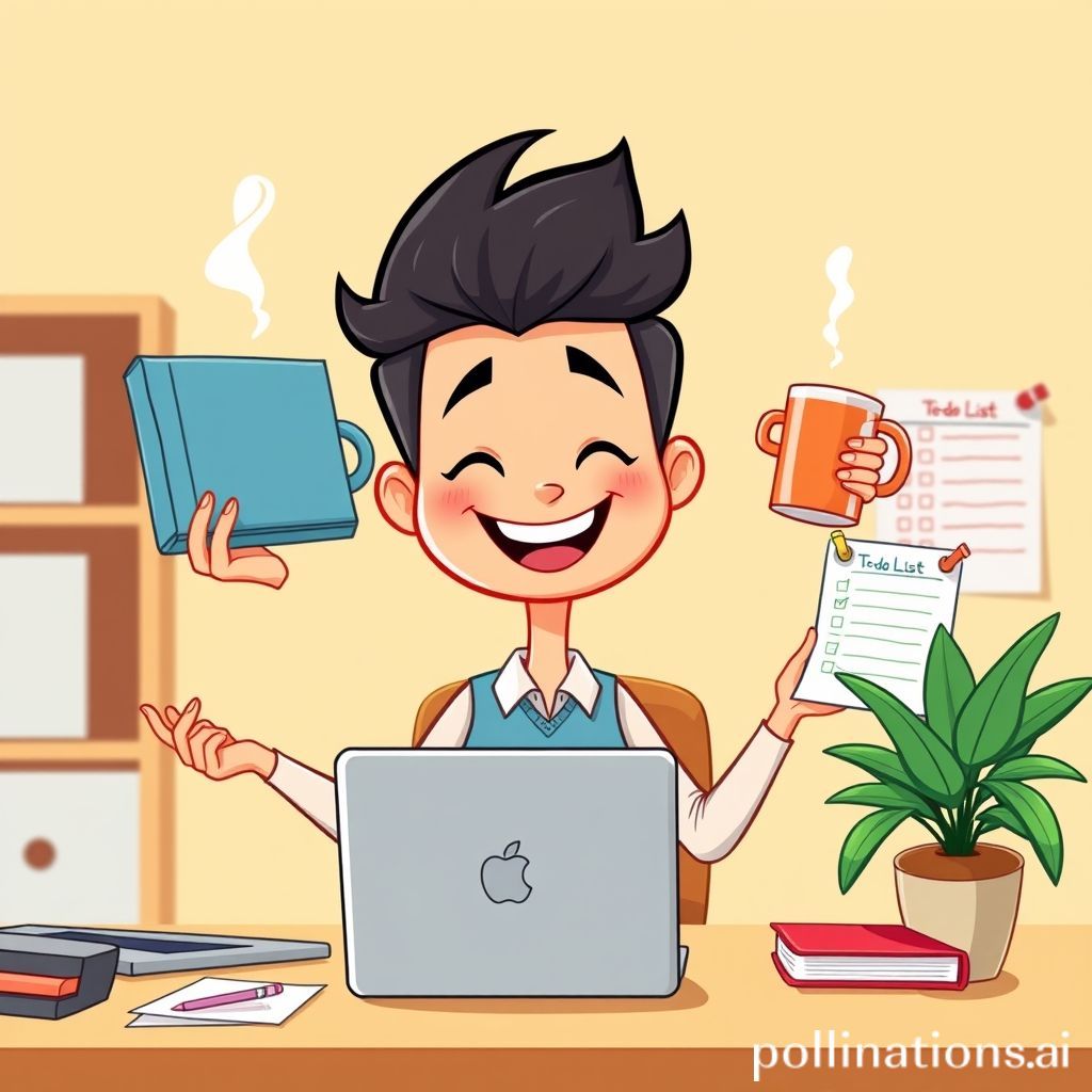 A cheerful cartoon person, possibly a stylized professional or student, is depicted happily juggling multiple tasks (like a laptop, a book, a coffee cup, and a plant) with ease. They are surrounded by a clean, organized workspace with a to-do list prominently displayed. The background is bright and inviting, suggesting a productive and stress-free environment. The character has a determined yet calm expression, embodying the idea of optimal productivity without burnout.