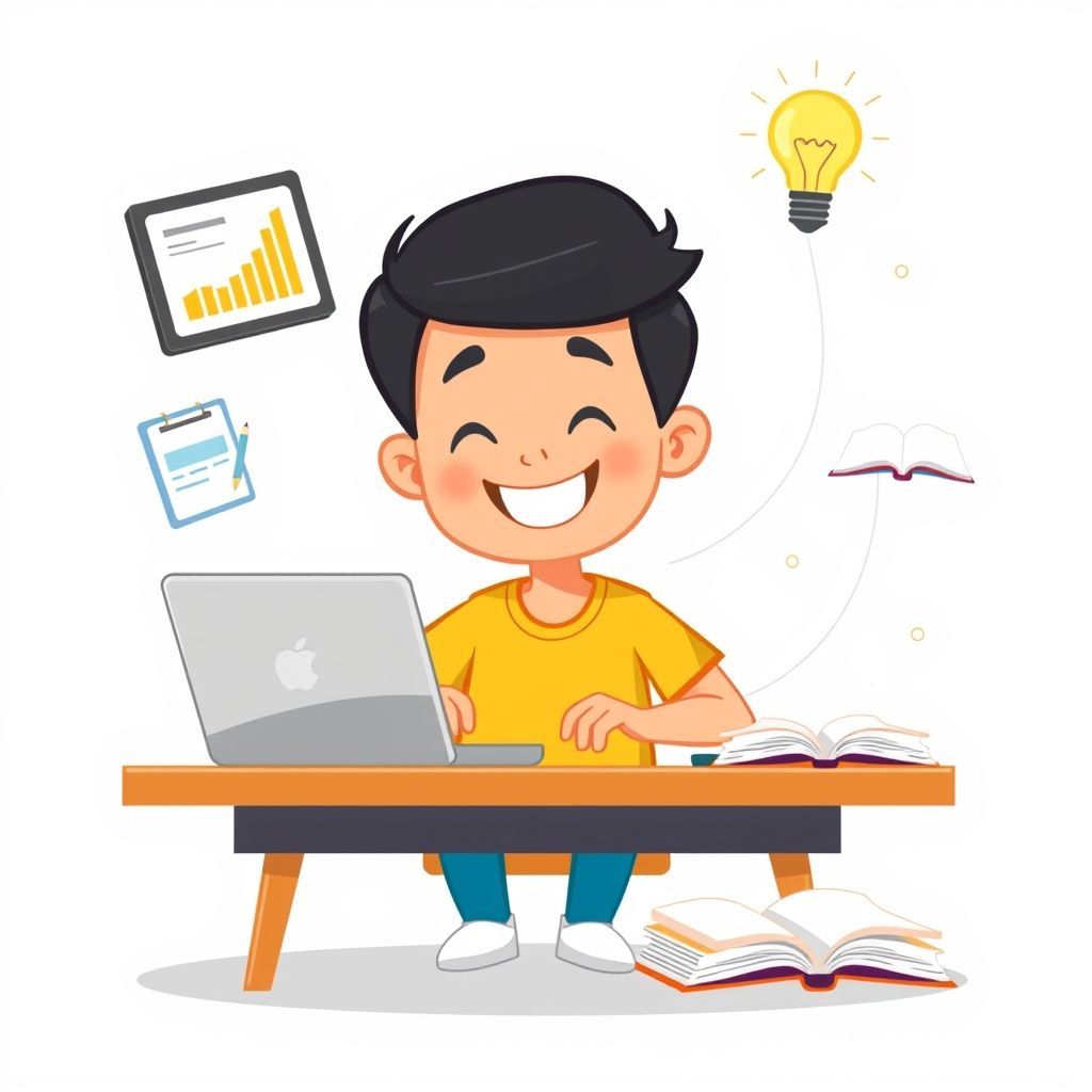 A cheerful cartoon student is sitting at a desk, smiling brightly while interacting with a laptop. Around the student, there are floating elements representing both digital and traditional learning: a tablet with a graph, a lightbulb glowing with an idea, a few open books, and some abstract data lines connecting to the laptop. The background is simple and clean, suggesting a productive learning environment. The overall style is modern, friendly, and inspiring.
