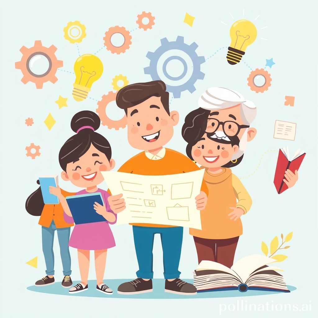 A cheerful, brightly colored cartoon illustration. It shows diverse people of different ages (a young adult reading on a tablet, a middle-aged person looking at a blueprint, and an older adult holding a book) interacting with various learning tools. The background subtly features interconnected elements like gears, lightbulbs, and open books, symbolizing continuous growth and knowledge. The overall mood is positive, inviting, and dynamic, reflecting the joy and benefits of lifelong learning.