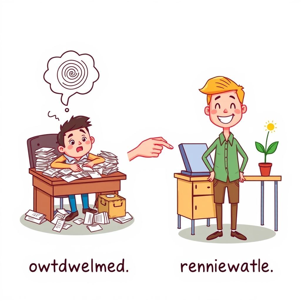 A cheerful, brightly colored cartoon illustration. On the left side, a person (gender-neutral, perhaps with a slight slump) is shown sitting at a desk overflowing with papers, looking exhausted and overwhelmed, with dark circles under their eyes and a thought bubble showing a swirling vortex. On the right side, the same person is depicted looking vibrant and happy, standing tall, smiling, with a plant on their clean desk and a thought bubble showing a lightbulb or a sunny day. A gentle, guiding hand (like a teacher's) is subtly pointing from the overwhelmed state towards the rejuvenated state. The overall tone is positive and encouraging.