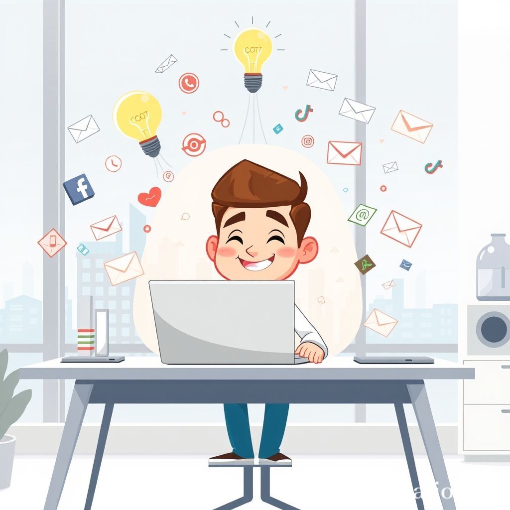 A cheerful, cartoon character (male or female, adult) with a determined but friendly expression. They are sitting at a clean, modern desk with a laptop open, but their gaze is focused and they have a small 'shield' or 'bubble' around them deflecting various digital distractions like flying social media icons (Facebook, Instagram, TikTok logos), email notifications, and pop-up ads. The character has a lightbulb lit above their head, symbolizing an idea or focus. The background is bright and inspiring, perhaps with a subtle cityscape or a calm, organized room. The style should be modern, clean, and inviting, like an illustration for a productivity blog.