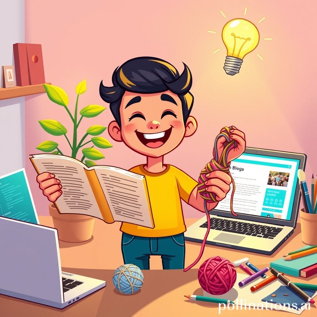 A cheerful, cartoon-style character, possibly gender-neutral, happily engaging in multiple productive hobbies simultaneously. One hand is holding a coding book while the other is knitting. In the background, there's a small potted plant growing, a laptop screen showing a blog post, and art supplies. The character has a lightbulb above their head, symbolizing new ideas and productivity. The overall mood is positive and energetic.