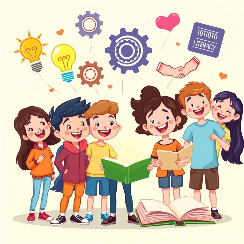 A cheerful, cartoon-style depiction of a diverse group of young people (boys and girls) enthusiastically learning and collaborating. They are surrounded by floating icons representing various skills: a glowing lightbulb (creativity), interconnected gears (problem-solving), a binary code stream (digital literacy), two hands shaking (collaboration), and a book opening to reveal a bright path (continuous learning). The background is bright and futuristic but friendly, with soft, encouraging colors.