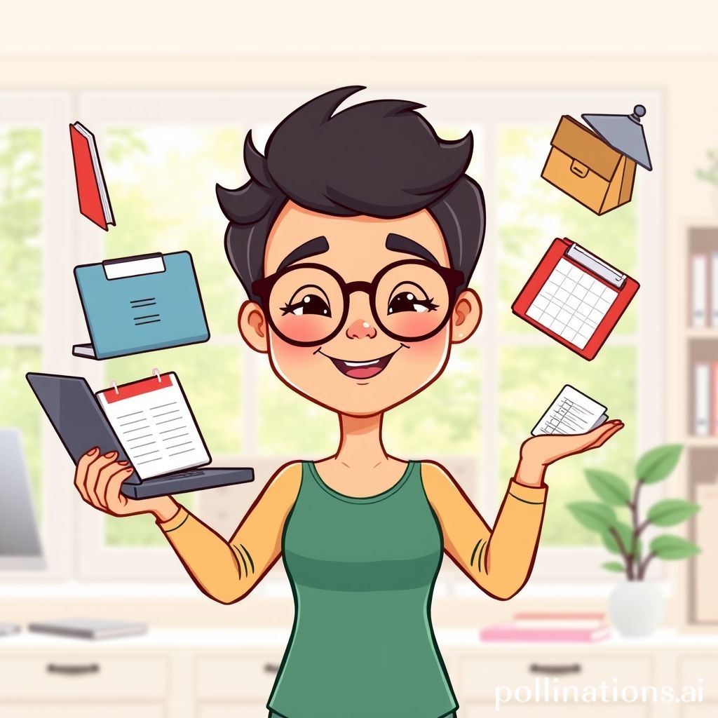 A cheerful, cartoon-style person (could be male or female, diverse) with a friendly, wise expression, perhaps wearing glasses, resembling a teacher or mentor. They are calmly juggling multiple items representing tasks (like a laptop, a book, a calendar, a plant for hobbies) in a harmonious, balanced way. The background is bright and organized, possibly showing a mix of a clean workspace and a serene natural element (like a window with a view of trees), symbolizing balance. The overall feeling should be calm productivity, not frantic.