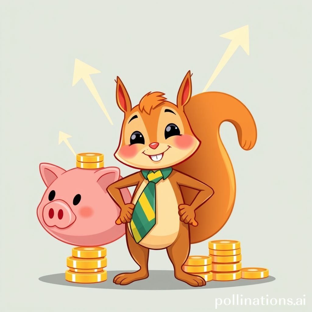 A cheerful, determined cartoon character (perhaps a squirrel or a person) wearing a small financial advisor's tie, confidently stacking coins into a piggy bank. In the background, there are subtly rendered, slightly swirling arrows pointing upwards (symbolizing inflation) but the character remains composed and focused, showing mastery over their finances. The style is friendly, bright, and slightly whimsical, conveying hope and control amidst economic challenges.