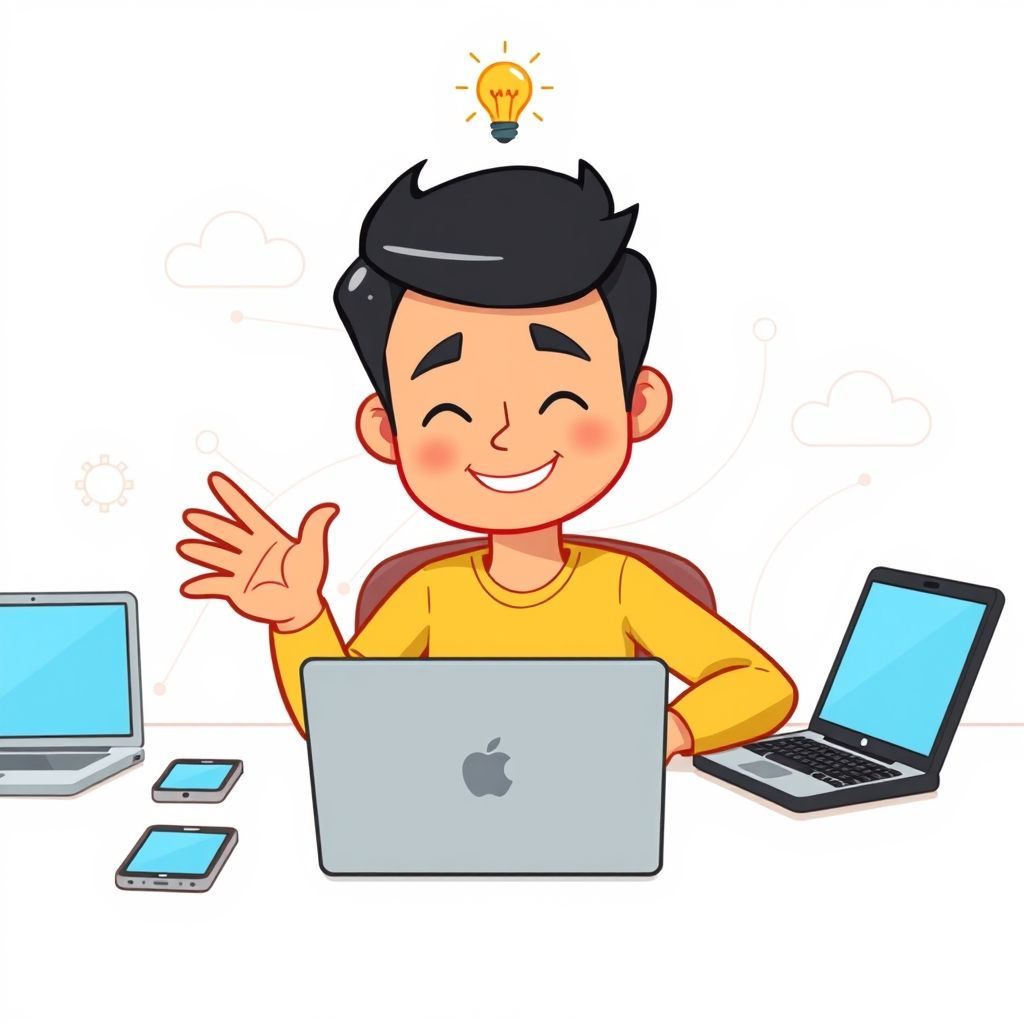 A cheerful, determined-looking person (cartoon style, not too realistic) sitting at a clean, organized desk, surrounded by various digital devices (laptop, tablet, phone). The person is calmly interacting with one screen, while other devices have a 'quiet' or 'do not disturb' aura (perhaps indicated by faint lines or soft glow). A small 'idea lightbulb' or 'focus' icon floats above their head, symbolizing clarity and concentration. The background is bright, minimalist, and organized, perhaps with some digital 'clouds' or network lines neatly arranged, representing a controlled digital environment rather than an overwhelming one.