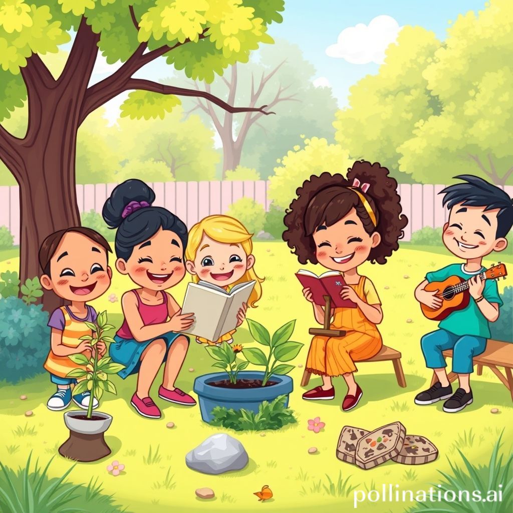 A cheerful, diverse group of cartoon characters engaging in various hobbies outdoors. One character is tending to a small garden with a happy plant, another is reading a book under a tree, one is painting on an easel, and another is playing a ukulele. The setting is a bright, sunny park or backyard, filled with vibrant colors. The overall mood is joyful and relaxed, with a sense of well-being emanating from the characters.