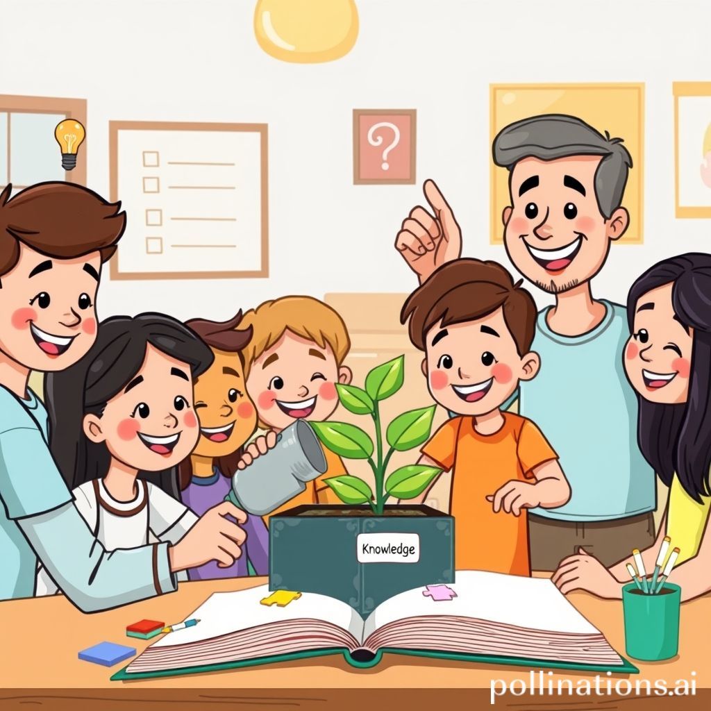 A cheerful, diverse group of cartoon students, some with lightbulbs above their heads, are shown collaboratively solving a puzzle or building a complex structure. One student is watering a small plant labeled 'Knowledge' that is sprouting from an open book. In the background, a wise, friendly cartoon teacher smiles encouragingly, pointing towards a growth chart on the wall. The overall scene conveys learning, growth, optimism, and the idea of capabilities expanding through effort, representing a 'growth mindset'.