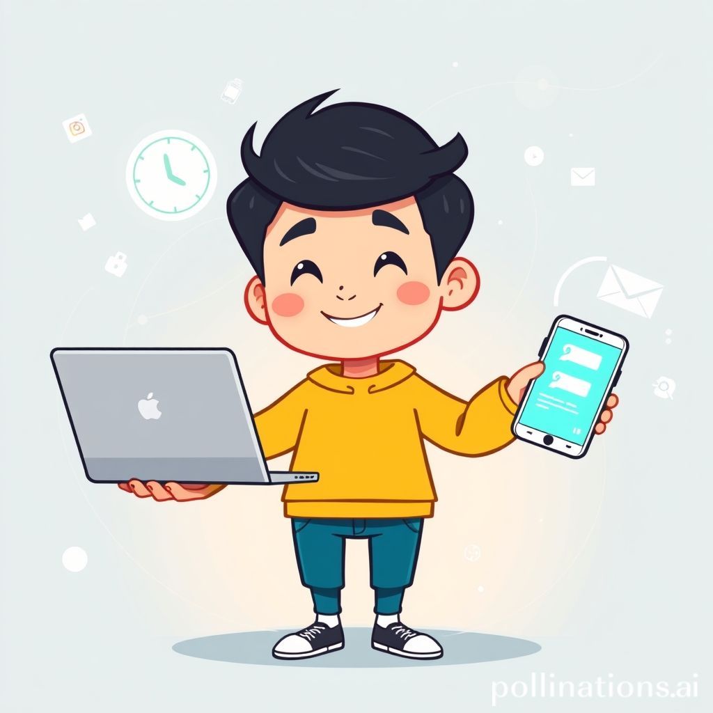A cheerful, dynamic cartoon character (gender-neutral, perhaps a young adult) expertly juggling or balancing multiple digital devices (a laptop, a smartphone displaying notifications, a tablet) with a calm, focused, and slightly smiling expression. There's a subtle aura of organization around them, perhaps represented by a clock icon or a 