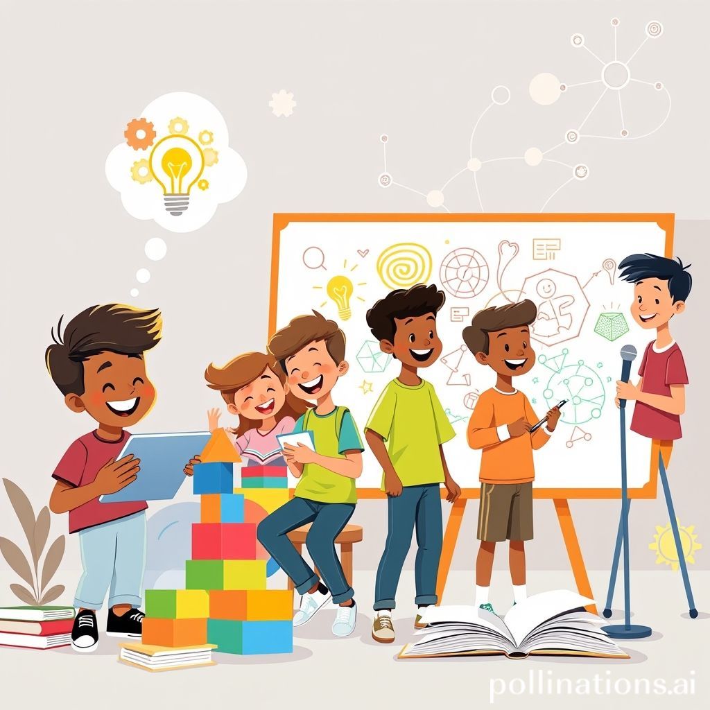 A cheerful, dynamic cartoon illustration. A diverse group of students (boys and girls of various ethnicities) are engaged in different activities that represent 21st-century skills. One student is looking intently at a tablet with a thought bubble above their head showing a lightbulb and gears (critical thinking/digital literacy). Another pair of students are working together on a puzzle or building blocks, laughing (collaboration). A third student is drawing on a large whiteboard, surrounded by colorful, abstract shapes (creativity). A fourth student is speaking confidently into a microphone while others listen (communication). The background features subtle elements like connected lines, network symbols, and open books, all radiating a sense of progress and learning. The overall style is modern, friendly, and energetic.