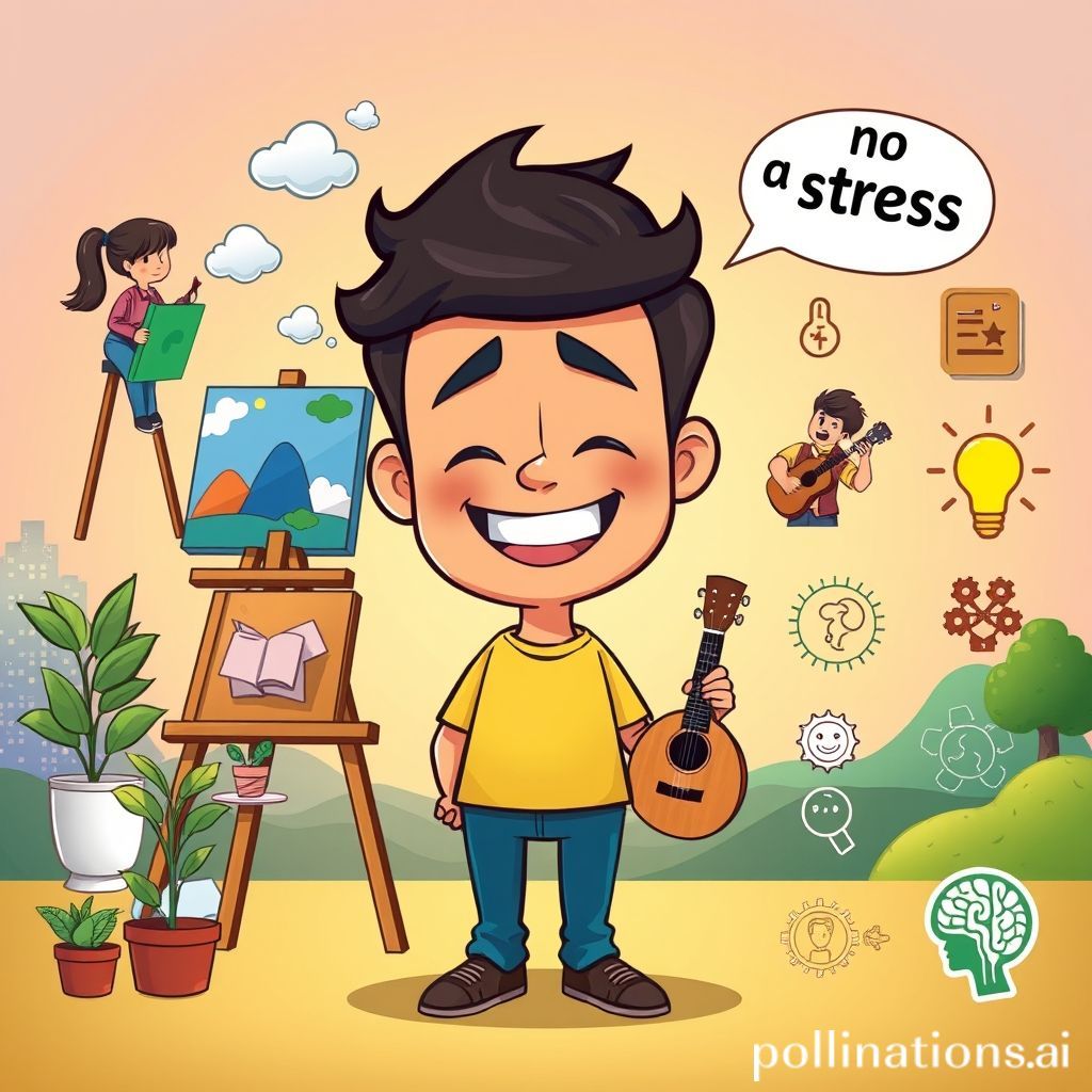 A cheerful, dynamic cartoon illustration. In the center, a person (gender-neutral, perhaps slightly overwhelmed-looking at first, then smiling broadly) is surrounded by various hobby items. On one side, there's a person painting on an easel, another tending to potted plants, someone reading a book peacefully, and another playing a ukulele. On the other side, elements suggesting reduced stress (like floating calm bubbles or a 