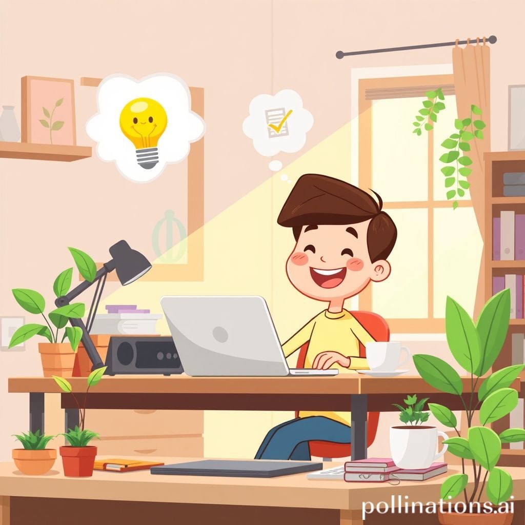 A cheerful, friendly cartoon character (could be a man or woman) happily working on a laptop at a neat desk in a cozy home setting. Sunlight streams in from a window. There are some plants and a cup of coffee on the desk. The character has a thought bubble above their head showing a lightbulb or a completed checklist, indicating productivity and good ideas. The overall vibe is calm, focused, and positive.
